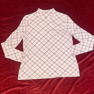 Kim Rogers Pastel Pink/Black Plaid Coton Long Sleeve Mockneck Top Size Small